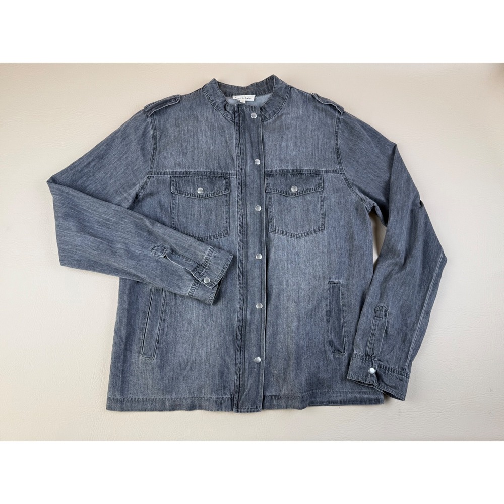 Utility Military Denim Jacket Grey Wash Mandarin Collar Large Aaron & Amber